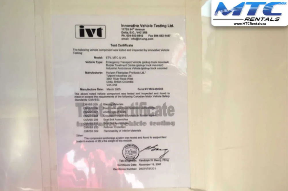 2018 Ford F250 ETV Industrial Ambulance Tufport MTC for sale CMVSS rollover certificate.webp